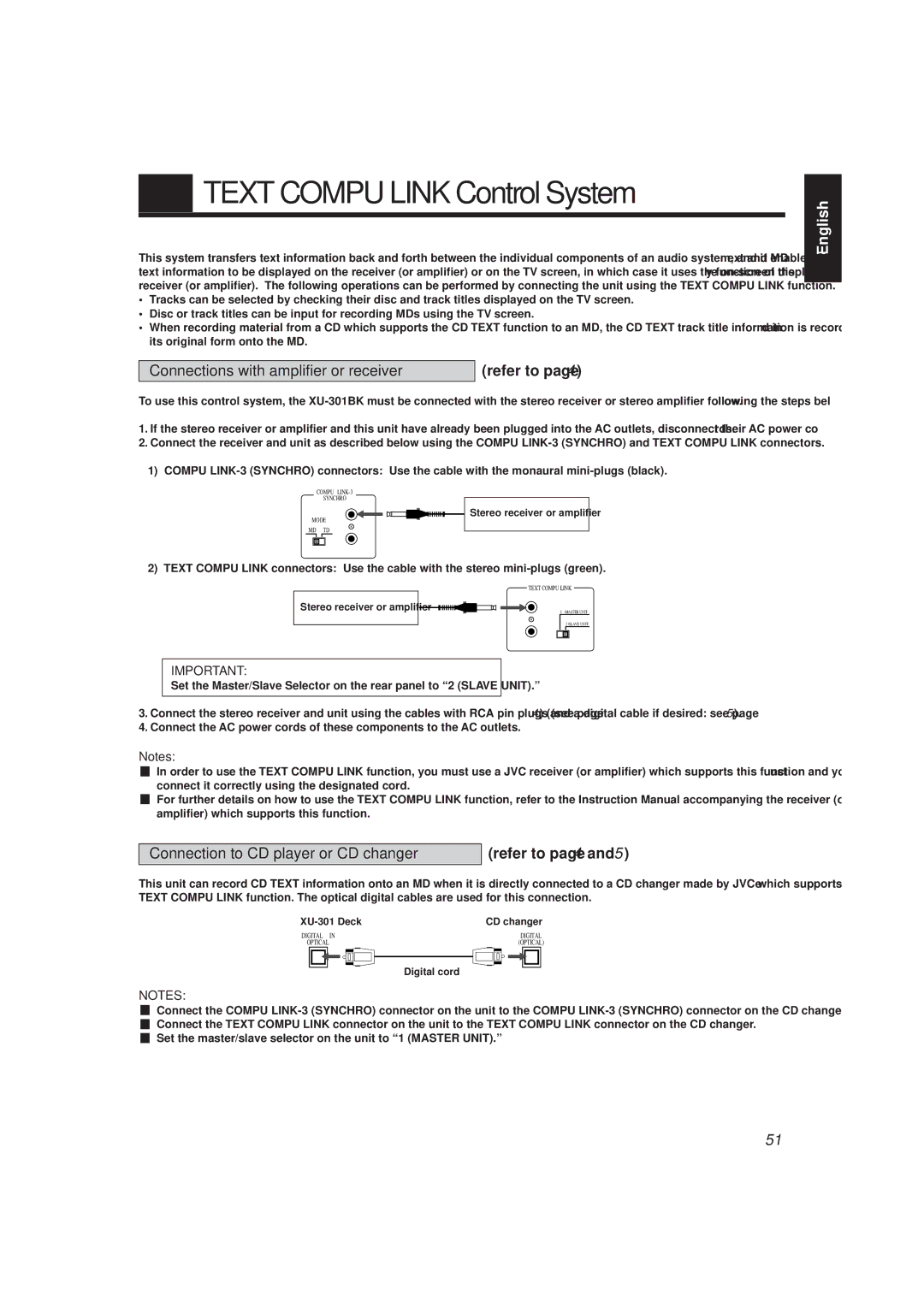 JVC XU-301 manual Text Compu Link Control System, Connections with amplifier or receiver refer to 