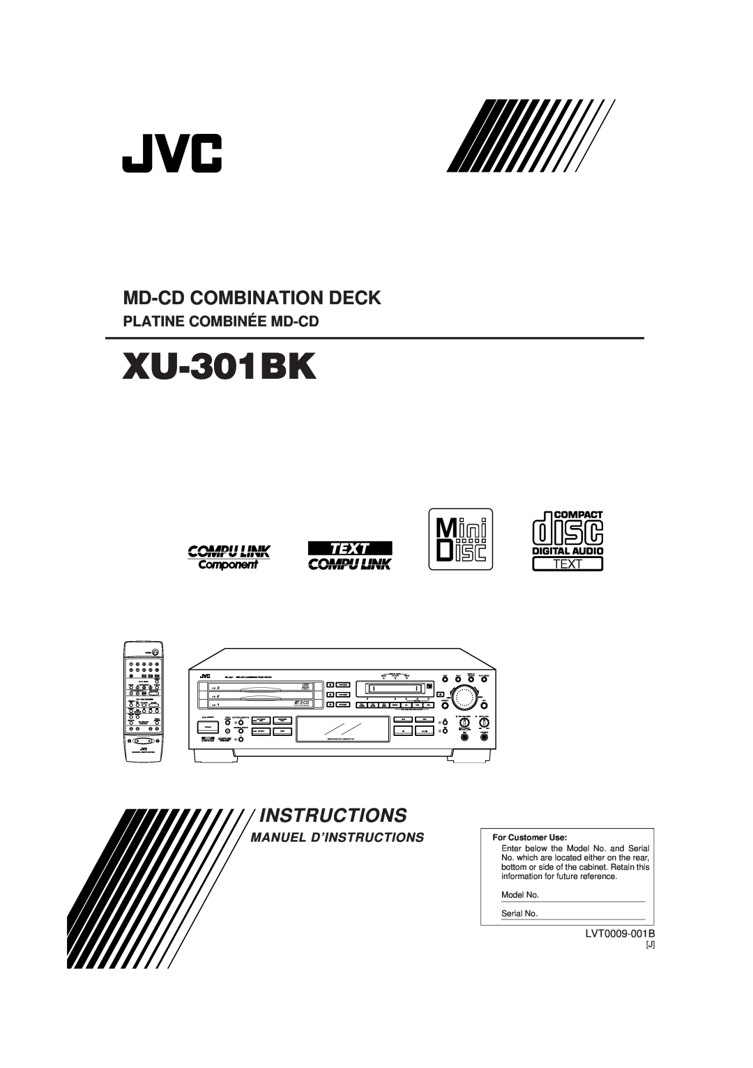 JVC manual Md-Cdcombination Deck, Platine Combinée Md-Cd, Manuel D’Instructions, XU-301BK, LVT0009-001B, 3-CD 