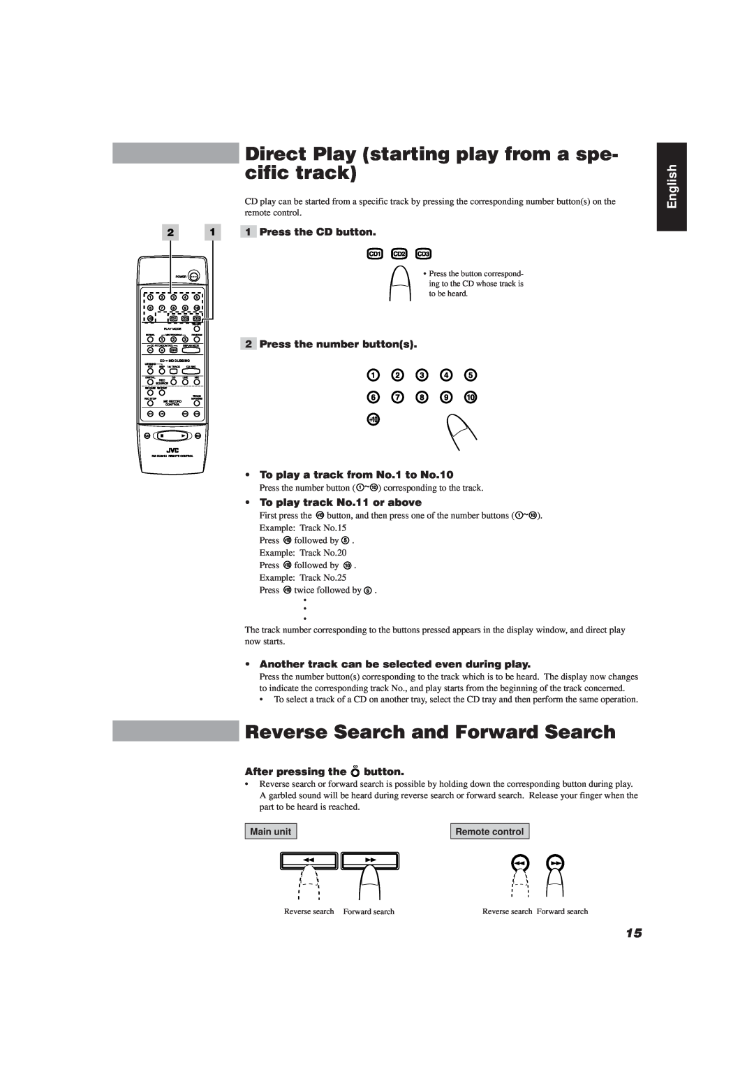 JVC XU-301 manual Direct Play starting play from a spe- cific track, Reverse Search and Forward Search, English 