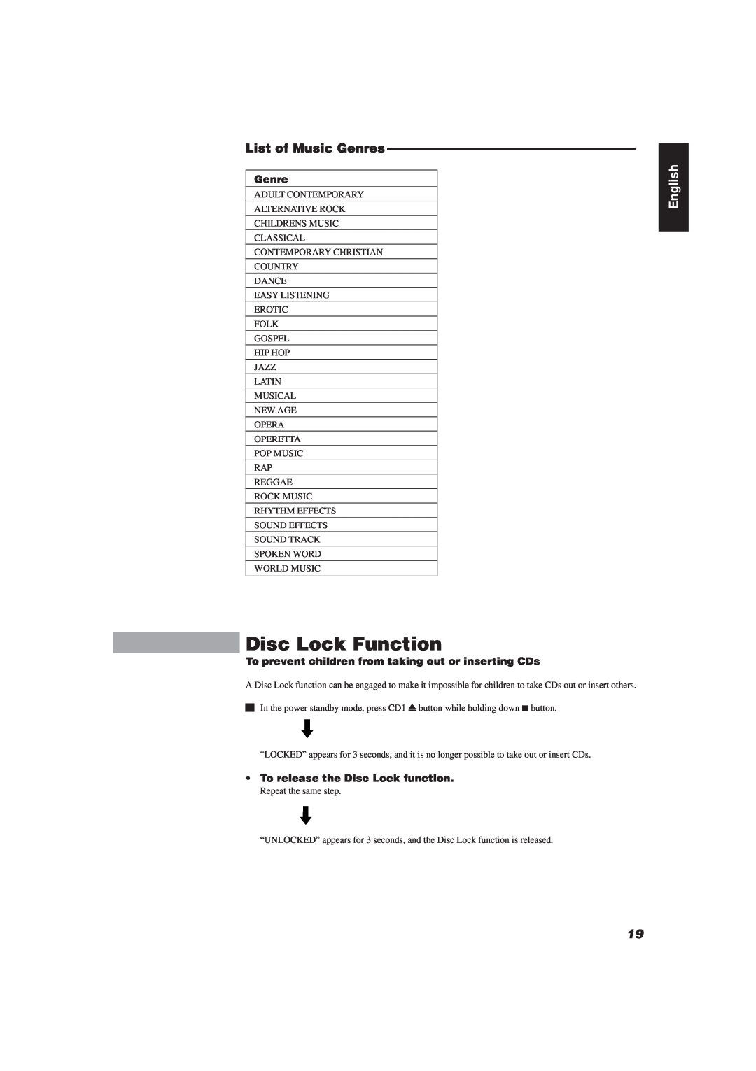 JVC XU-301 manual Disc Lock Function, List of Music Genres, English 