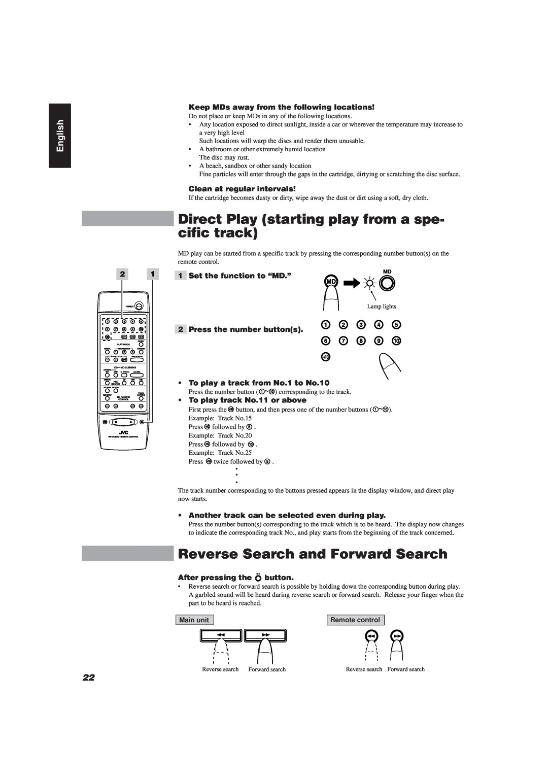 JVC XU-301 manual Direct Play starting play from a spe- cific track, Reverse Search and Forward Search, English 