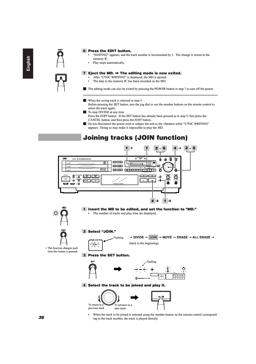 JVC XU-301 manual Joining tracks JOIN function, English 