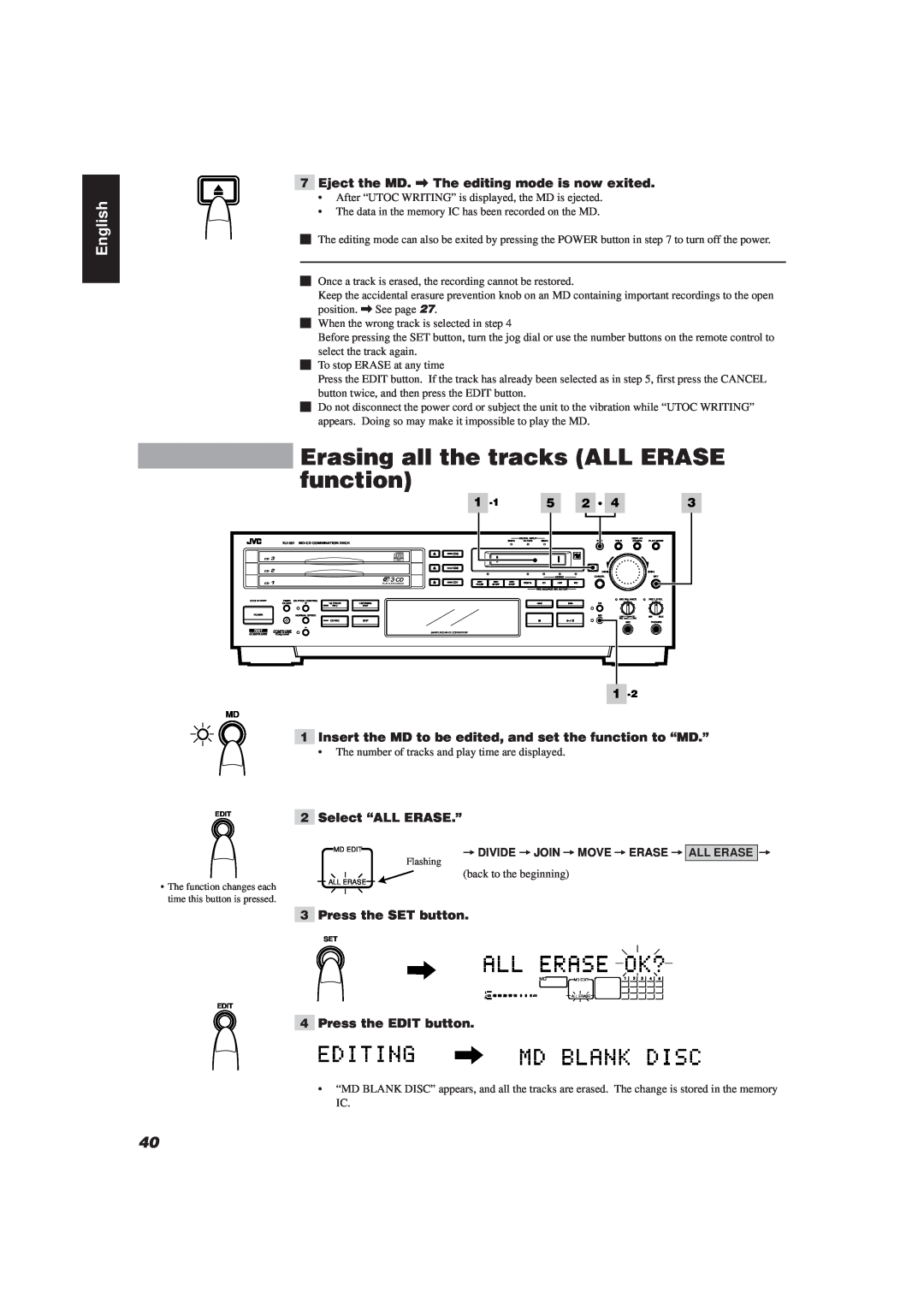 JVC XU-301 manual Erasing all the tracks ALL ERASE function, English 