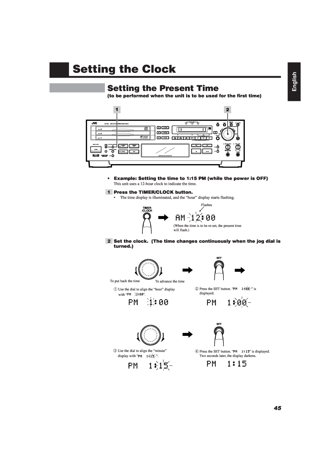 JVC XU-301 manual Setting the Clock, Setting the Present Time, English 