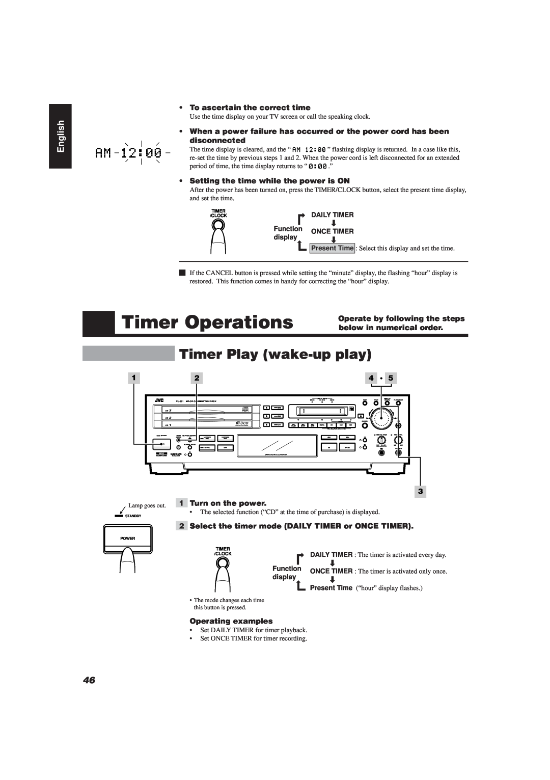 JVC XU-301 manual Timer Operations, Timer Play wake-upplay, English 