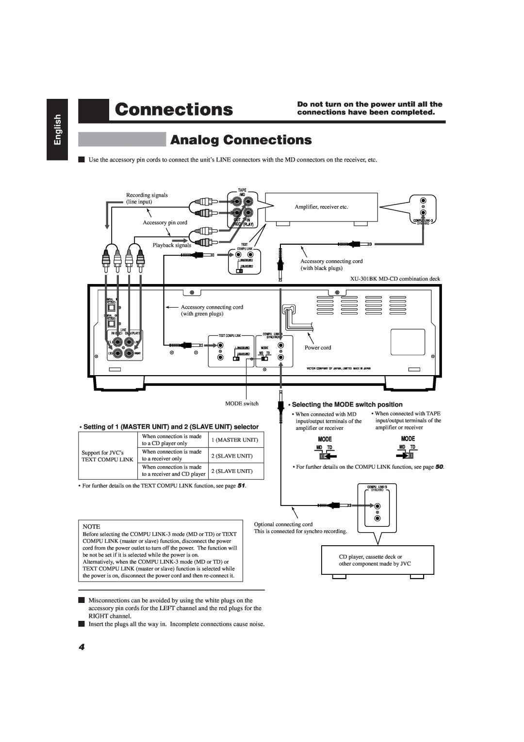 JVC XU-301 manual Analog Connections, English 