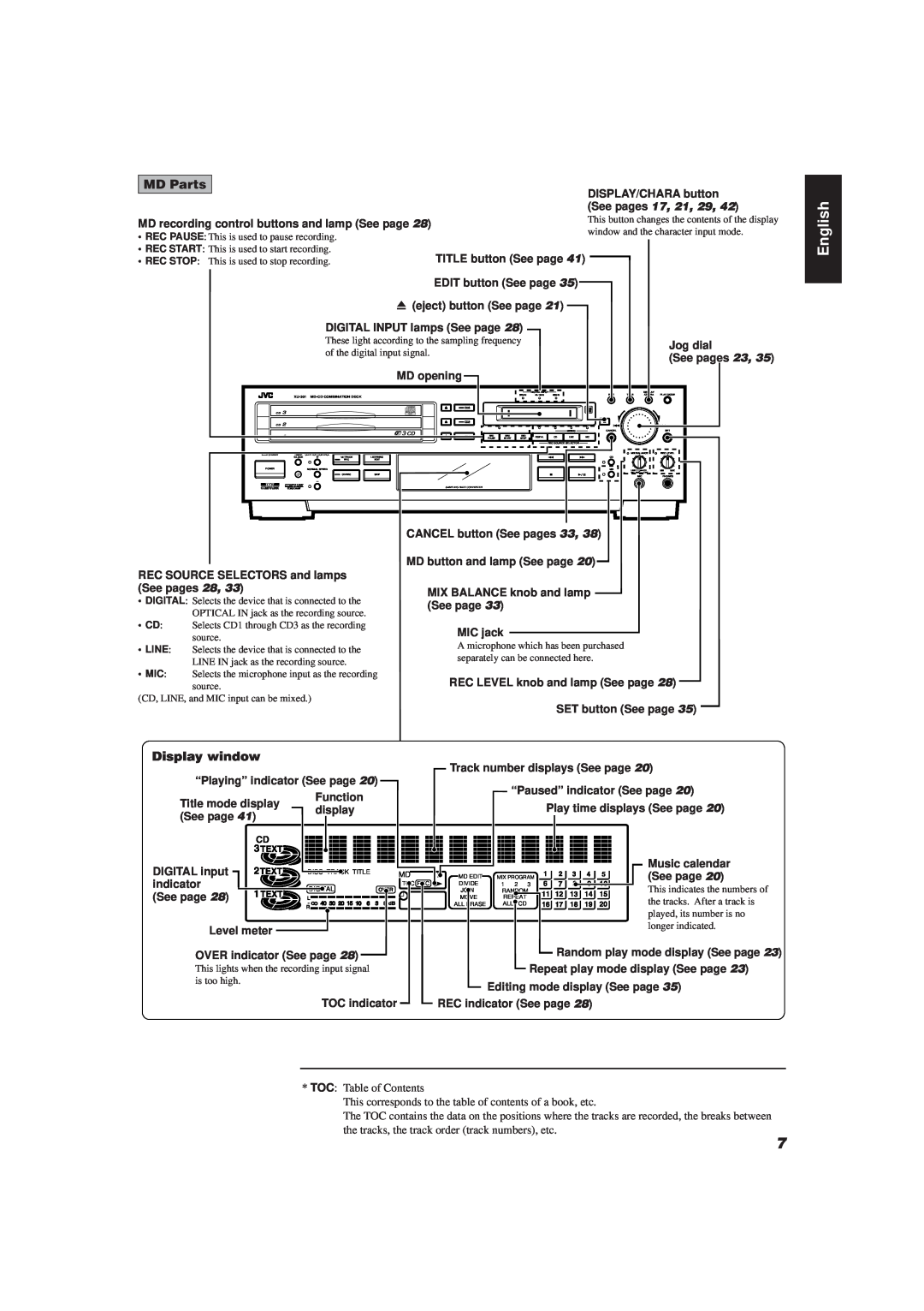 JVC XU-301 manual English, MD Parts, Display window 
