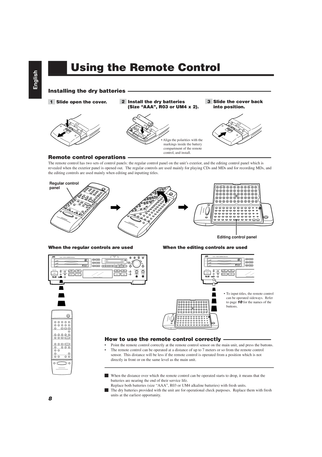 JVC XU-301BK manual Using the Remote Control, Installing the dry batteries, Remote control operations 