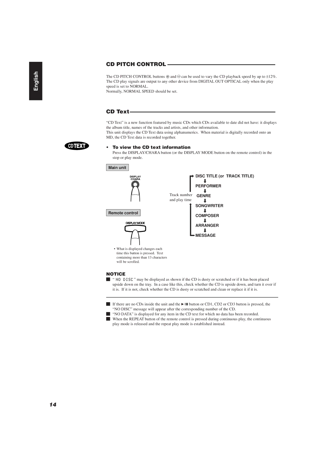 JVC XU-301BK manual CD Pitch Control, CD Text, To view the CD text information, Disc Title or Track Title 