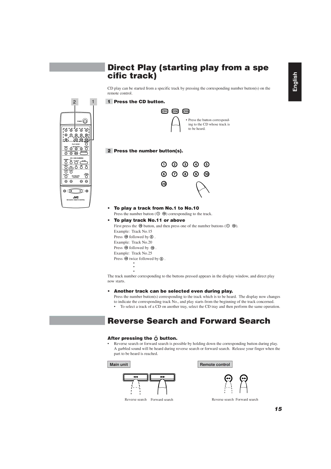 JVC XU-301BK manual Direct Play starting play from a spe- cific track, Reverse Search and Forward Search 