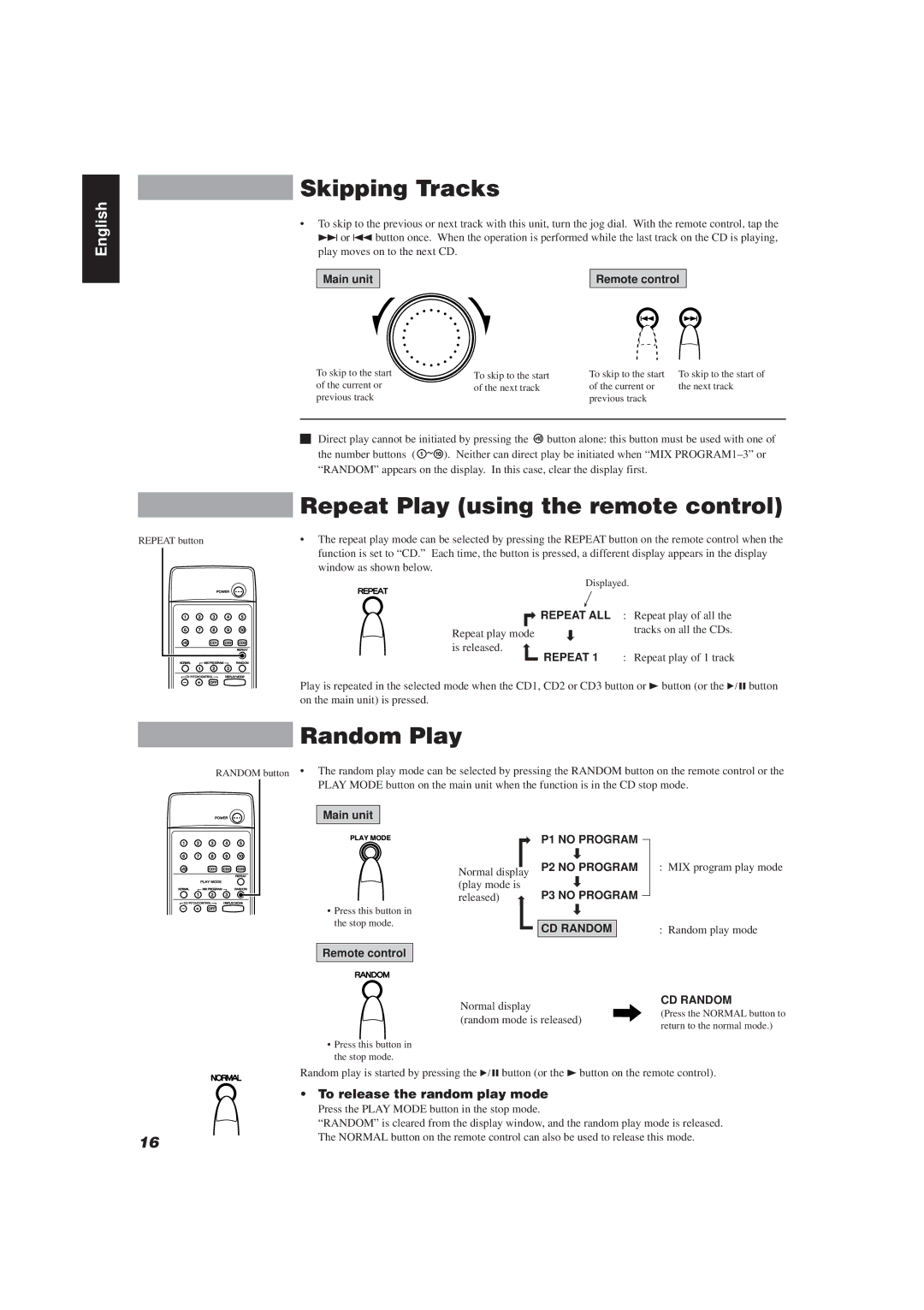 JVC XU-301BK manual Skipping Tracks, Repeat Play using the remote control, Random Play, To release the random play mode 