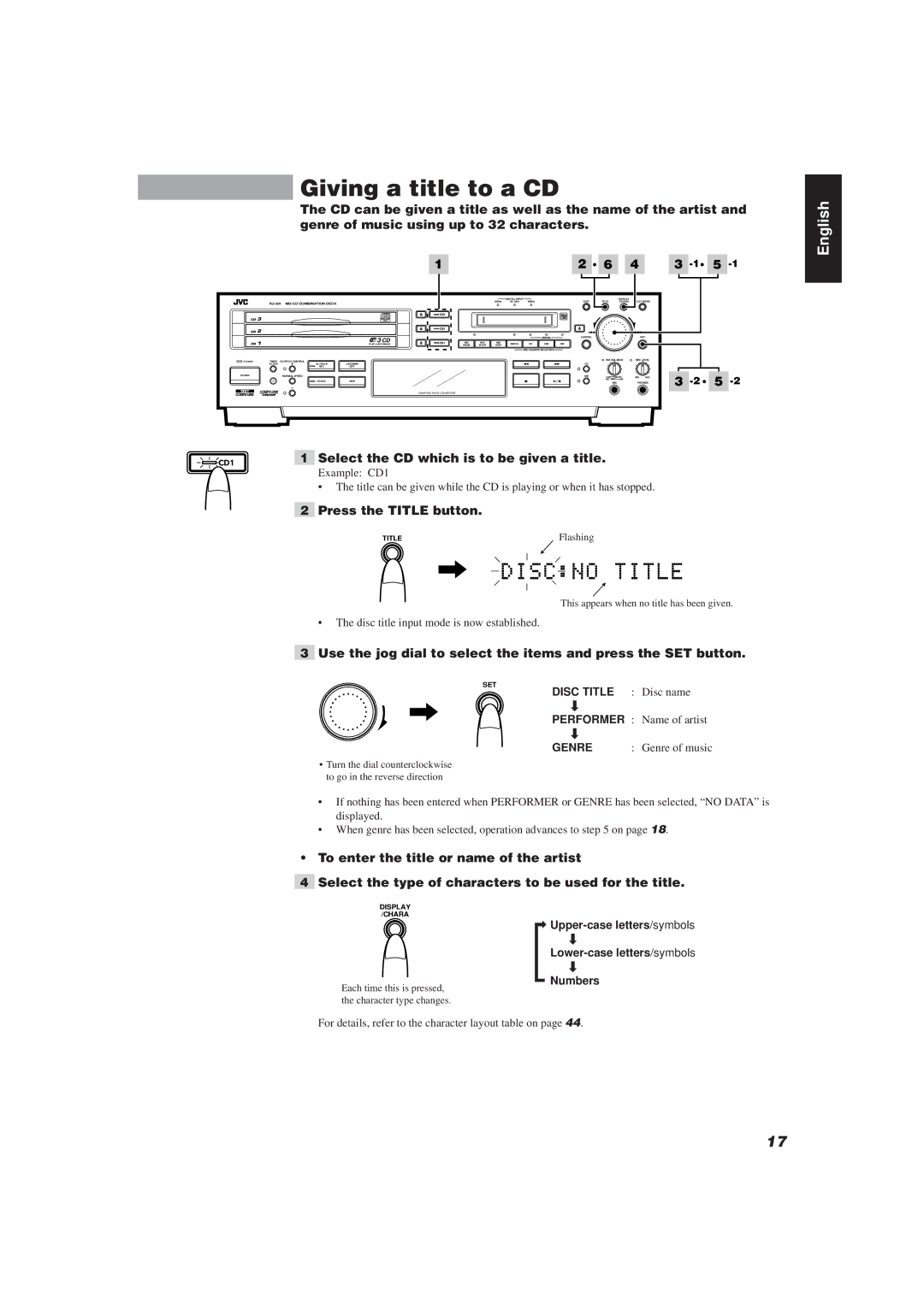 JVC XU-301BK manual Giving a title to a CD, · 6 · 5, Select the CD which is to be given a title, Press the Title button 