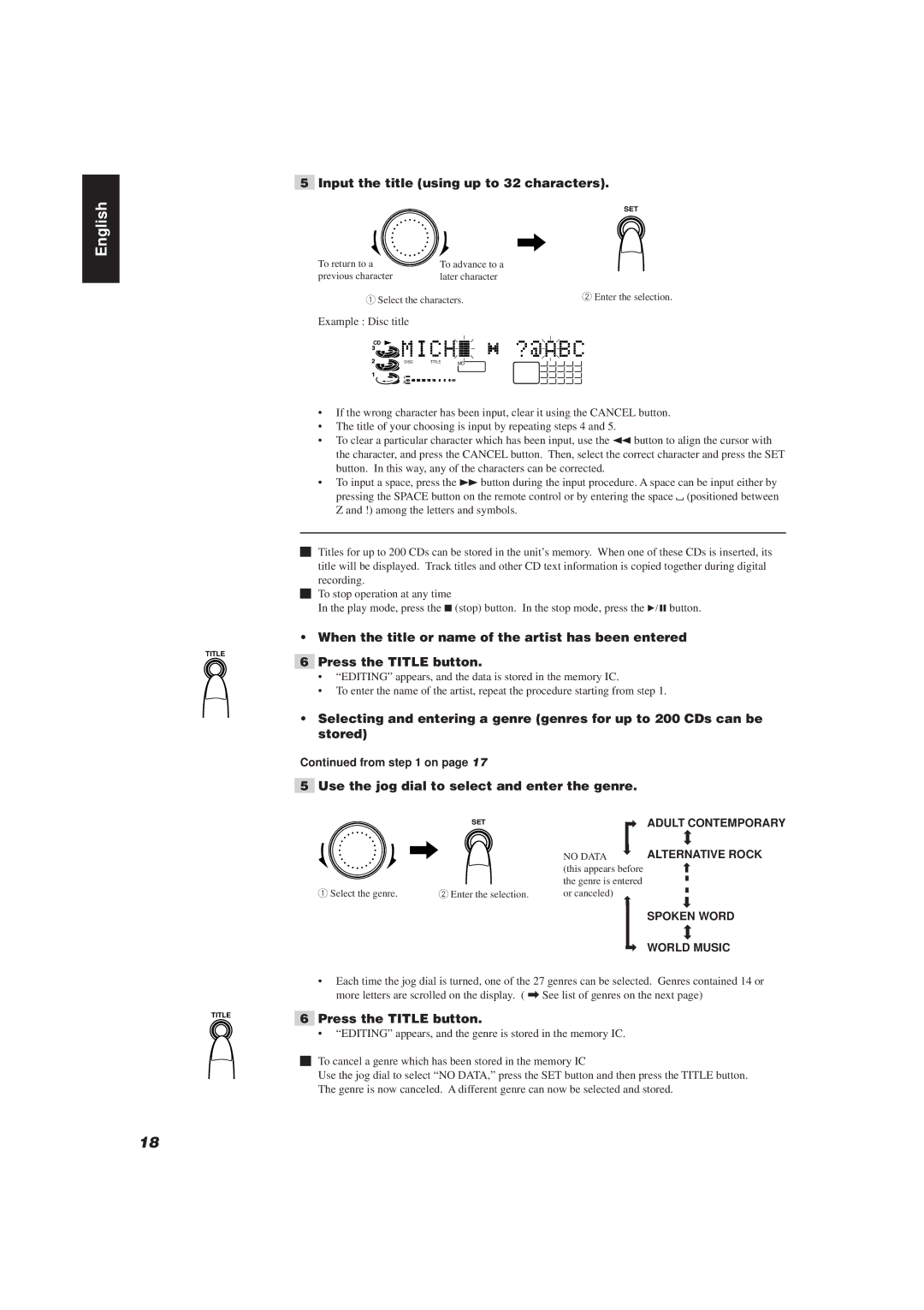 JVC XU-301BK manual Input the title using up to 32 characters, Use the jog dial to select and enter the genre, From on 