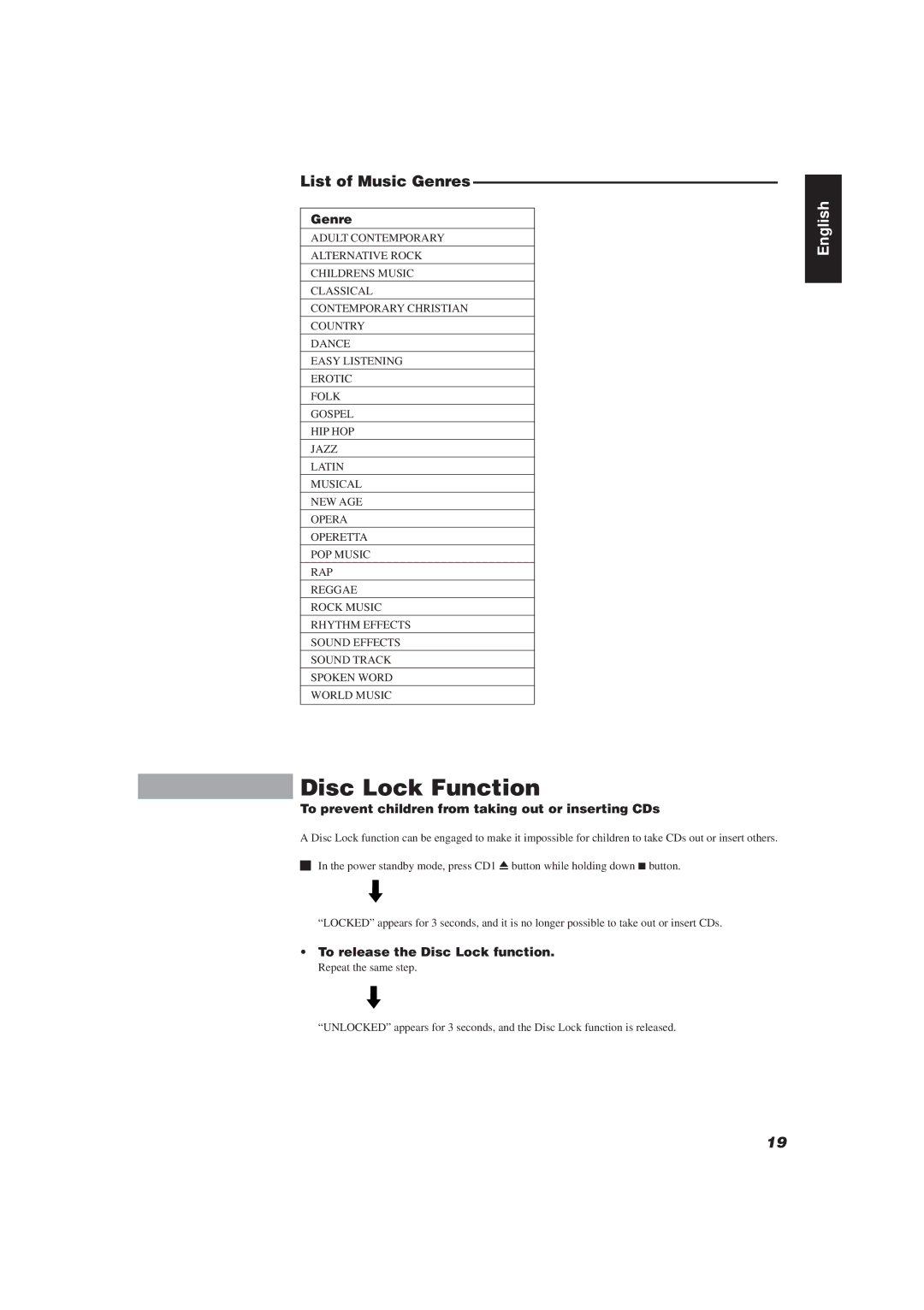 JVC XU-301BK manual Disc Lock Function, List of Music Genres, To prevent children from taking out or inserting CDs 