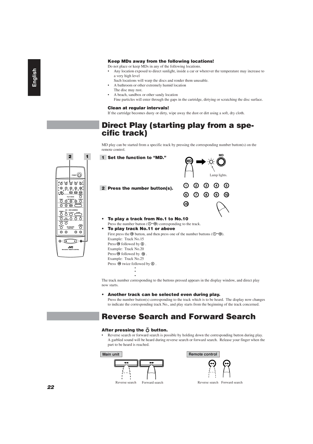 JVC XU-301BK manual Keep MDs away from the following locations, Clean at regular intervals, After pressing the MD button 