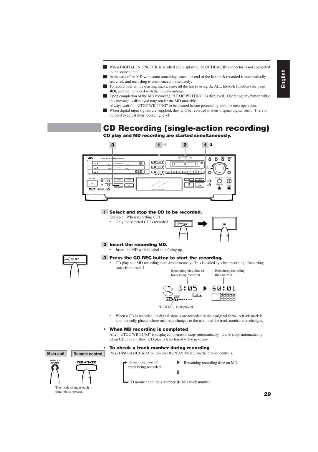 JVC XU-301BK manual CD Recording single-action recording, CD play and MD recording are started simultaneously 