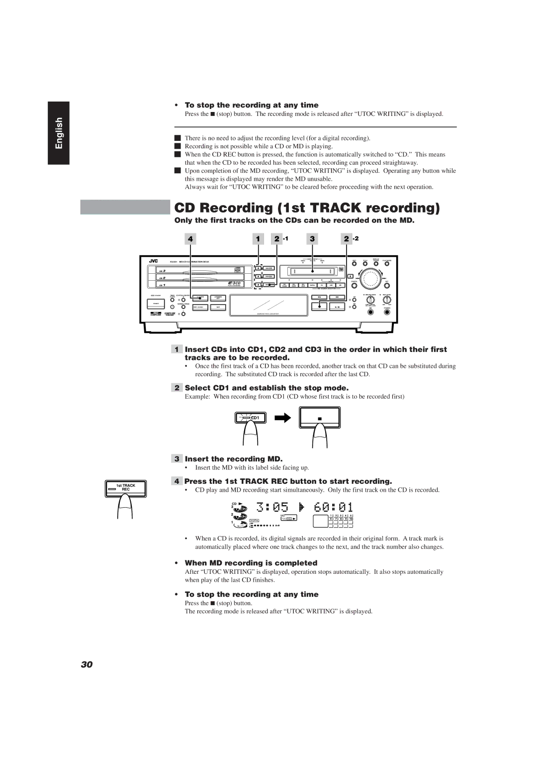 JVC XU-301BK CD Recording 1st Track recording, To stop the recording at any time, Select CD1 and establish the stop mode 