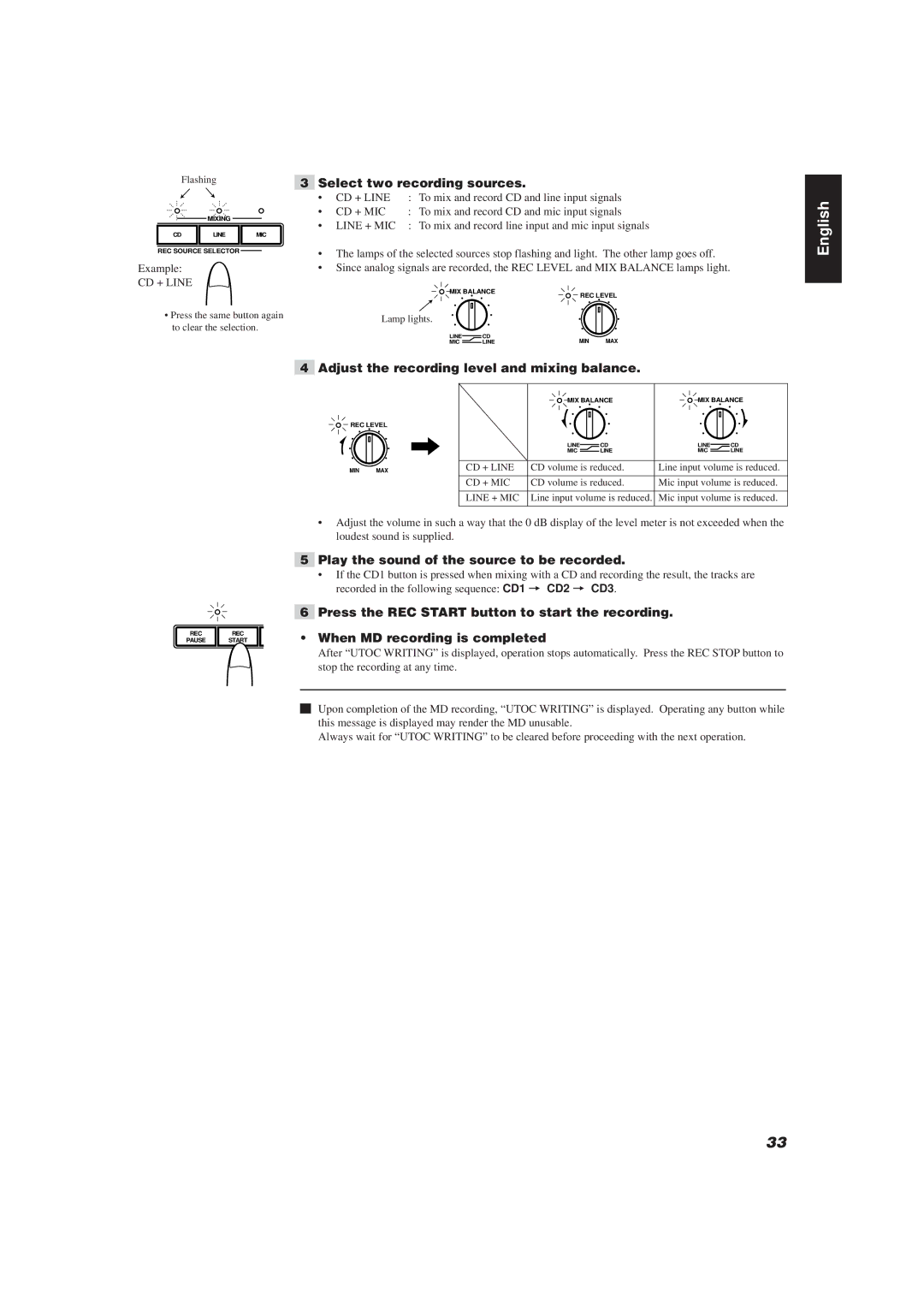 JVC XU-301BK manual Select two recording sources, Adjust the recording level and mixing balance 