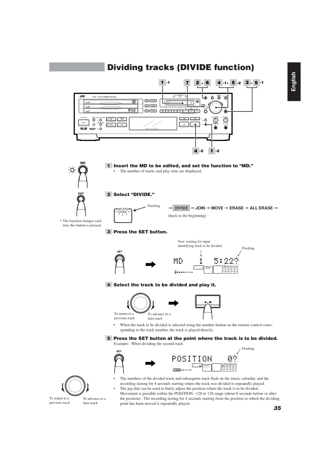 JVC XU-301BK manual Dividing tracks Divide function, · 5 -2 3 ·, Insert the MD to be edited, and set the function to MD 