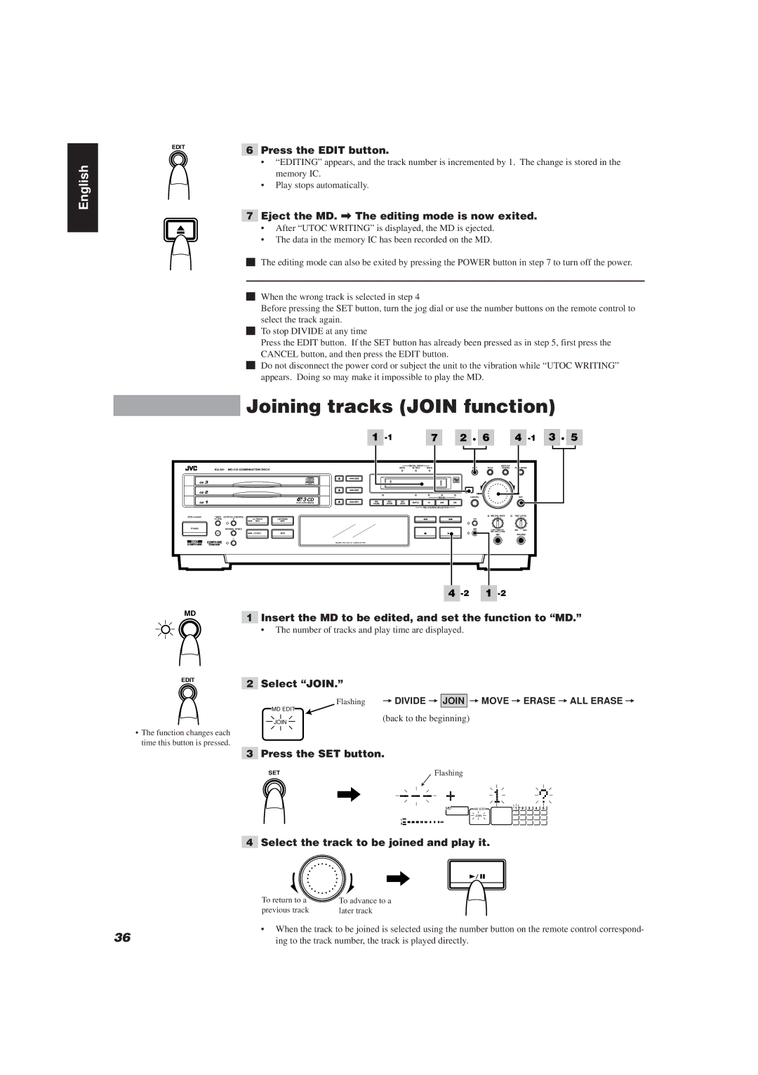 JVC XU-301BK manual Joining tracks Join function, Press the Edit button, Eject the MD. \ The editing mode is now exited 