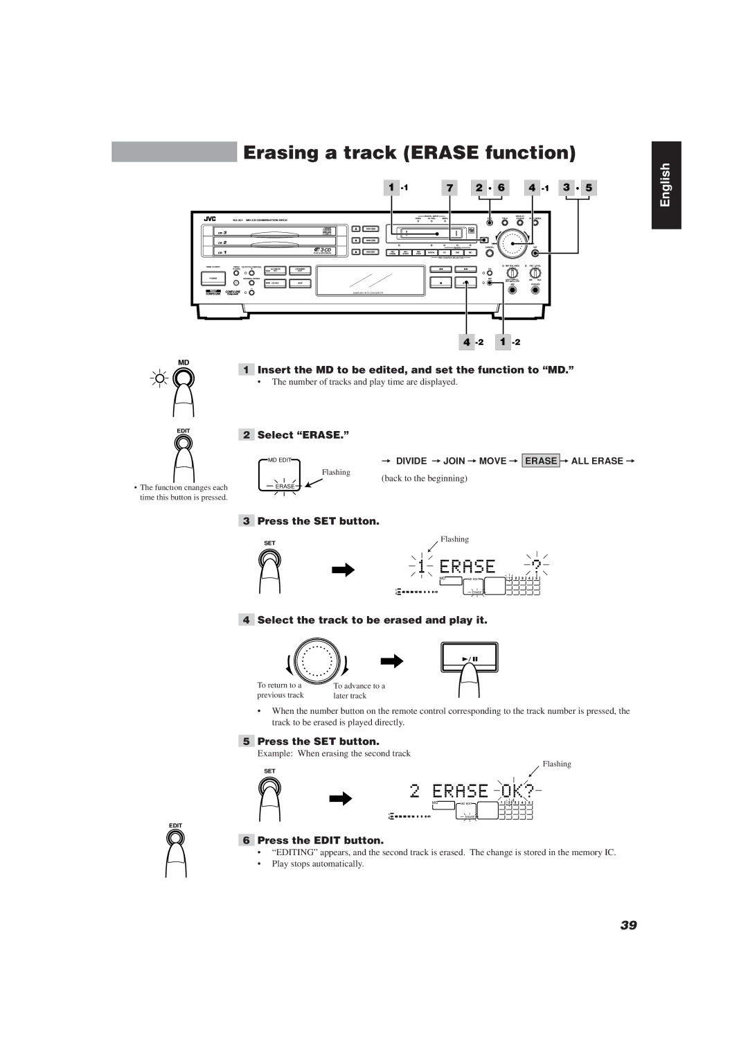 JVC XU-301BK manual Erasing a track Erase function, Select Erase, Select the track to be erased and play it 