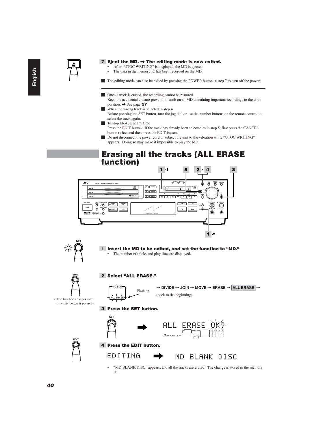 JVC XU-301BK manual Erasing all the tracks ALL Erase function, Select ALL Erase 