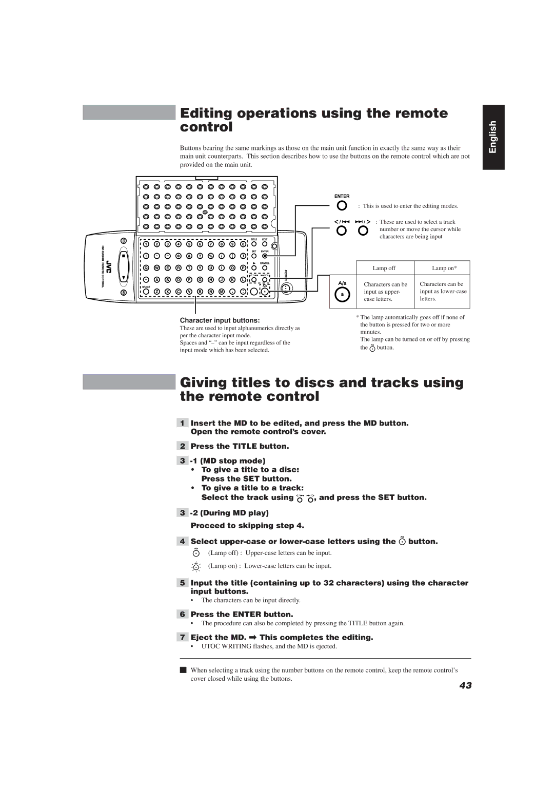 JVC XU-301BK manual Editing operations using the remote control, Giving titles to discs and tracks using the remote control 