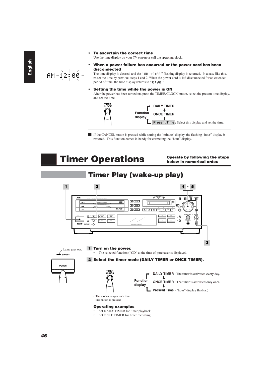 JVC XU-301BK manual Timer Operations, Timer Play wake-up play 