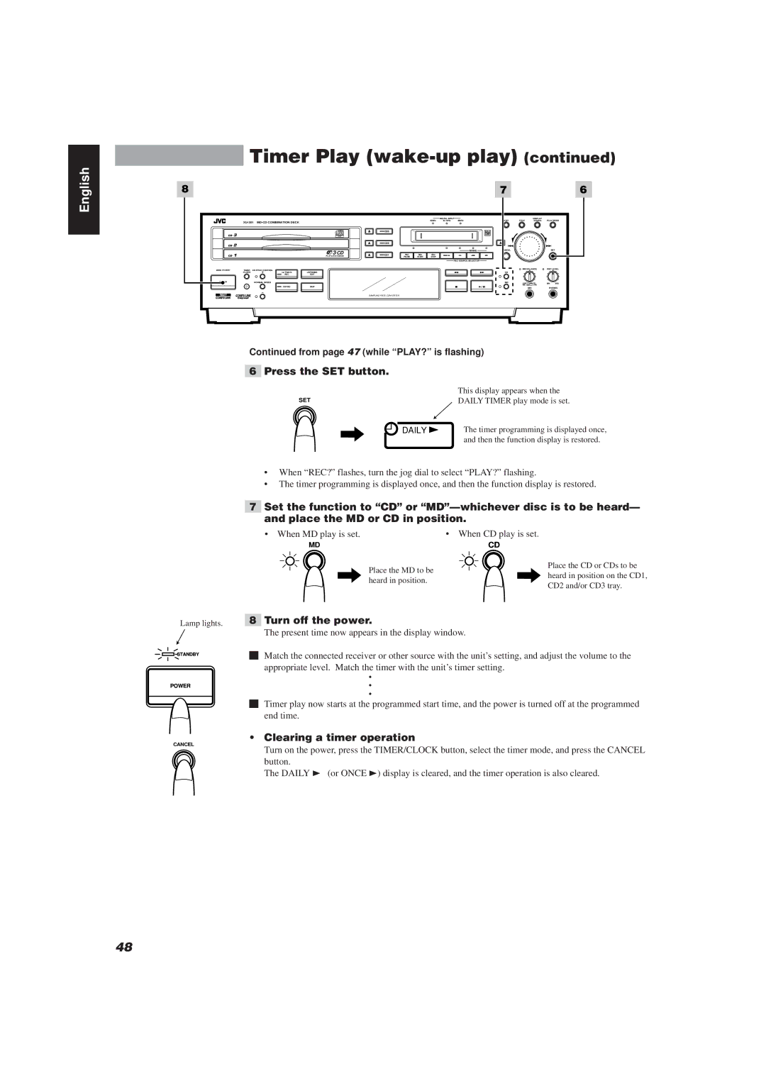 JVC XU-301BK manual Turn off the power, Clearing a timer operation, From page 47 while PLAY? is flashing 