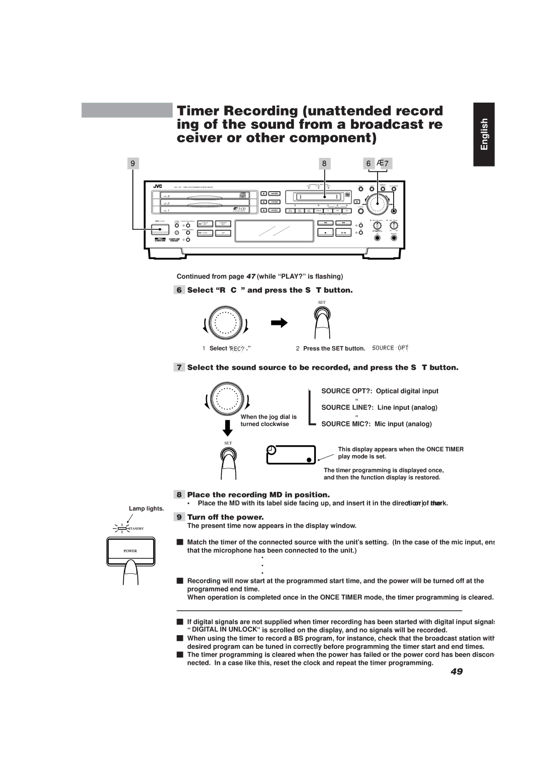 JVC XU-301BK manual Select REC? and press the SET button, Place the recording MD in position 