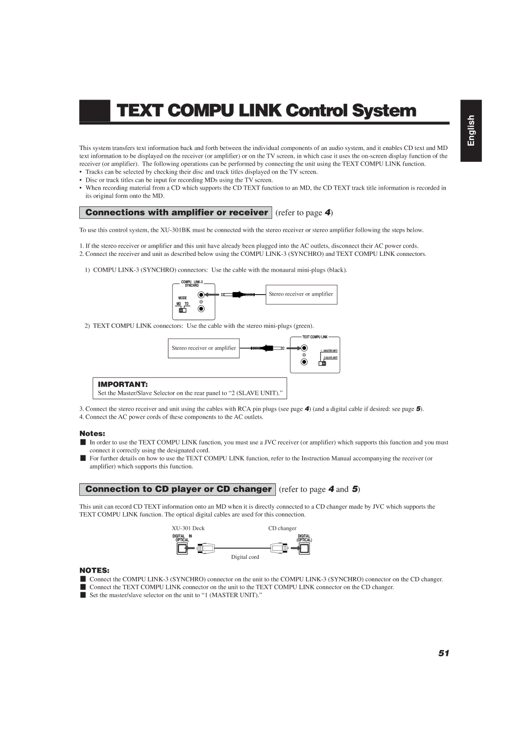 JVC XU-301BK manual Text Compu Link Control System, Connections with amplifier or receiver refer to 