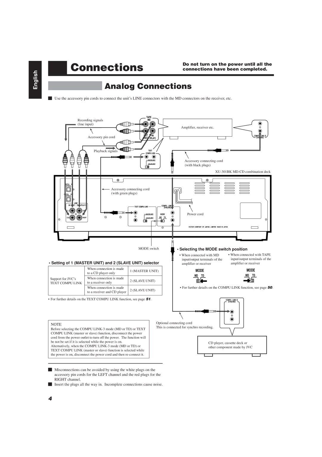 JVC XU-301BK manual Analog Connections, Do not turn on the power until all, Connections have been completed 