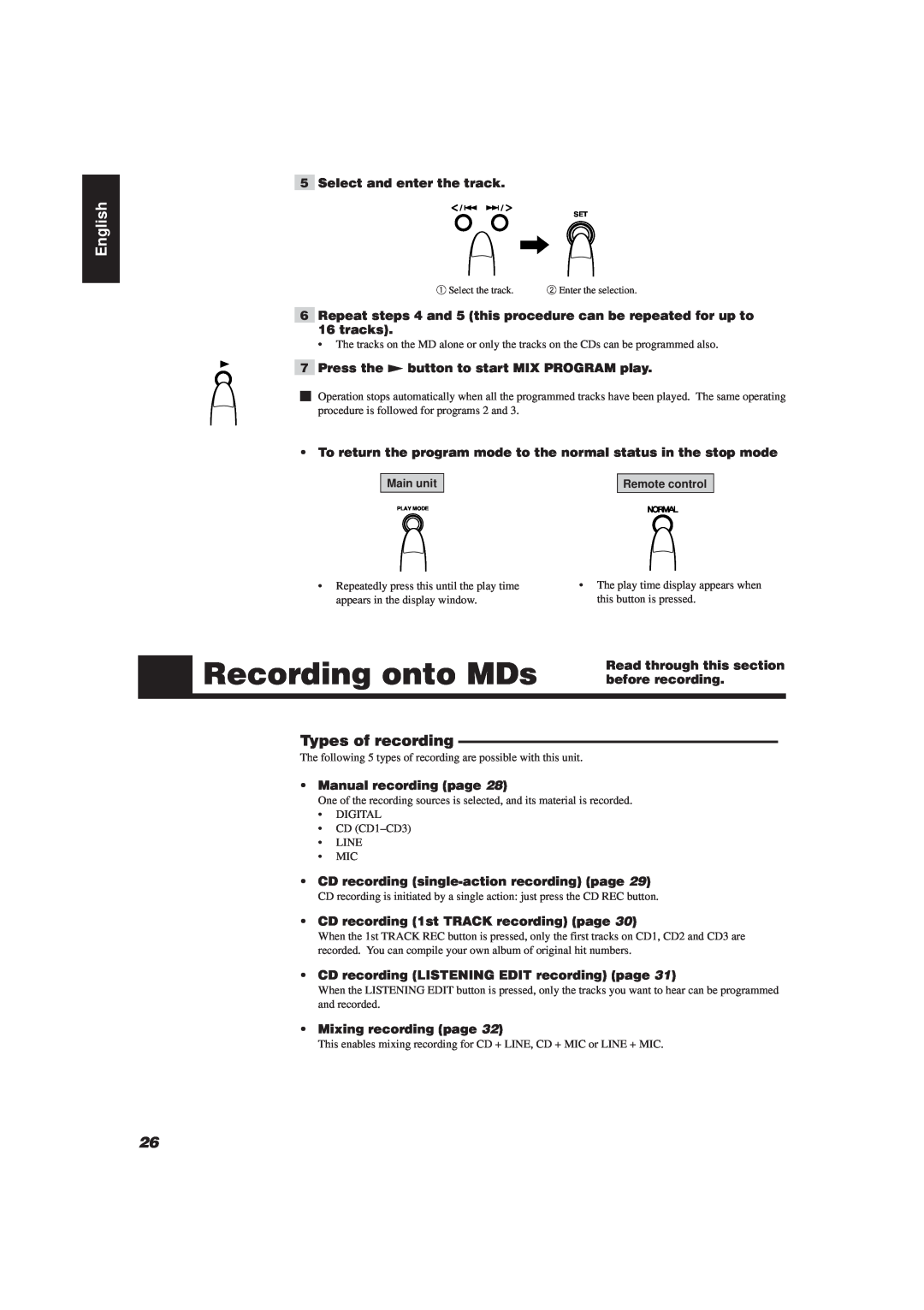 JVC XU-301BK manual Recording onto MDs, Types of recording, English 