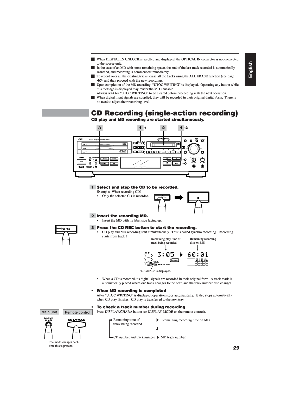 JVC XU-301BK manual CD Recording single-actionrecording, English 