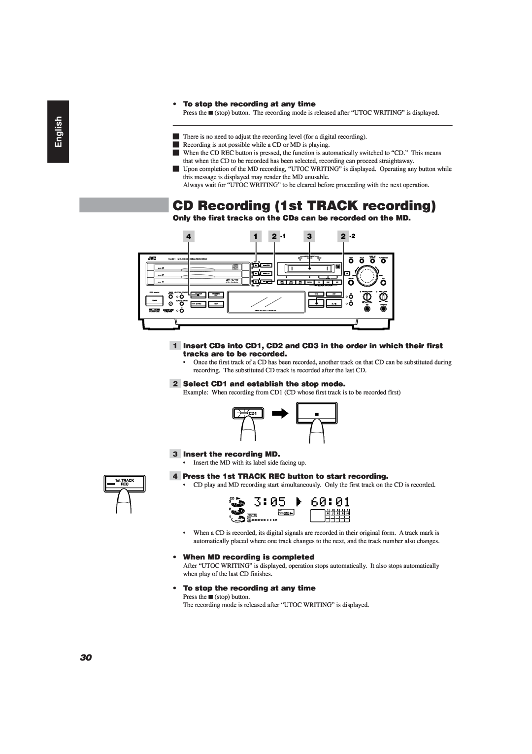 JVC XU-301BK manual CD Recording 1st TRACK recording, English 