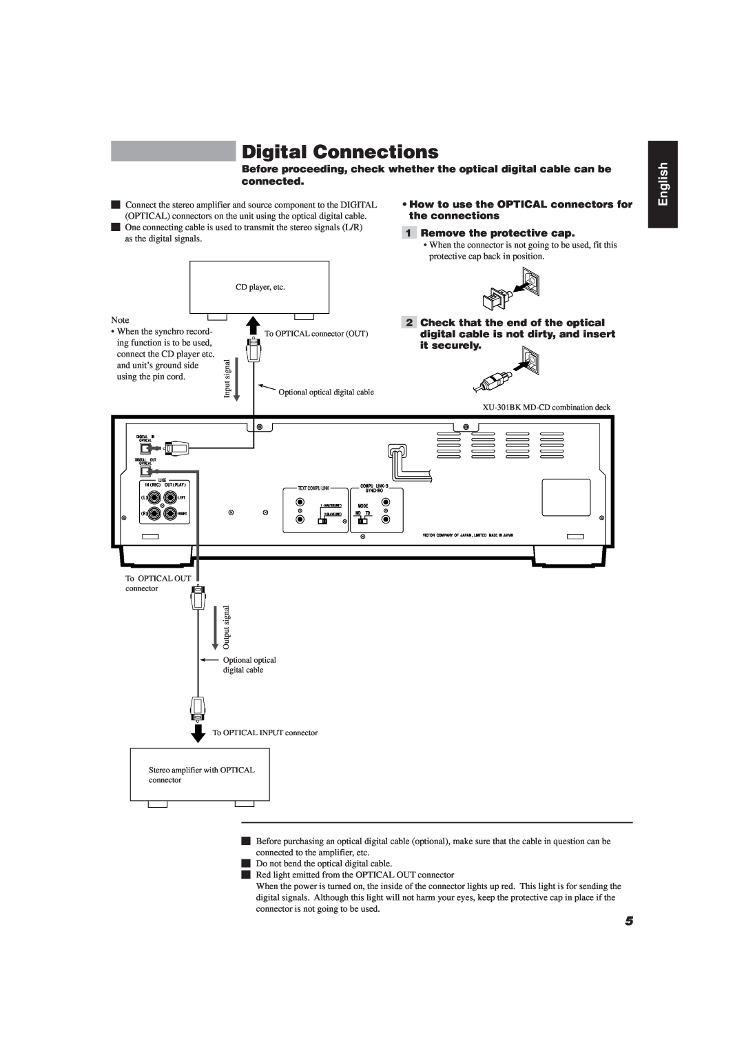 JVC XU-301BK manual Digital Connections, English, How to use the OPTICAL connectors for, the connections, it securely 