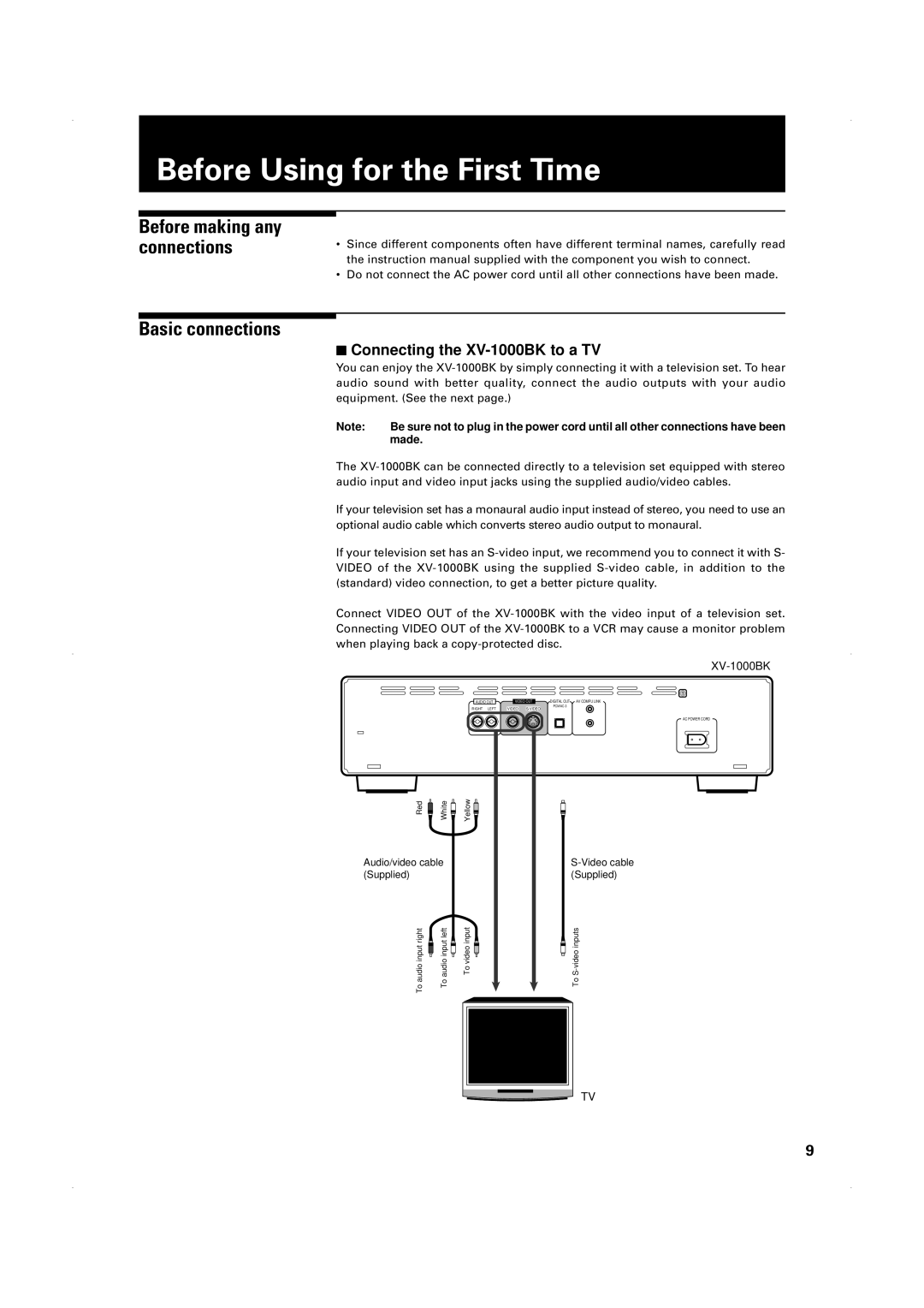 JVC XV-1000BK manual Before Using for the First Time, Basic connections 