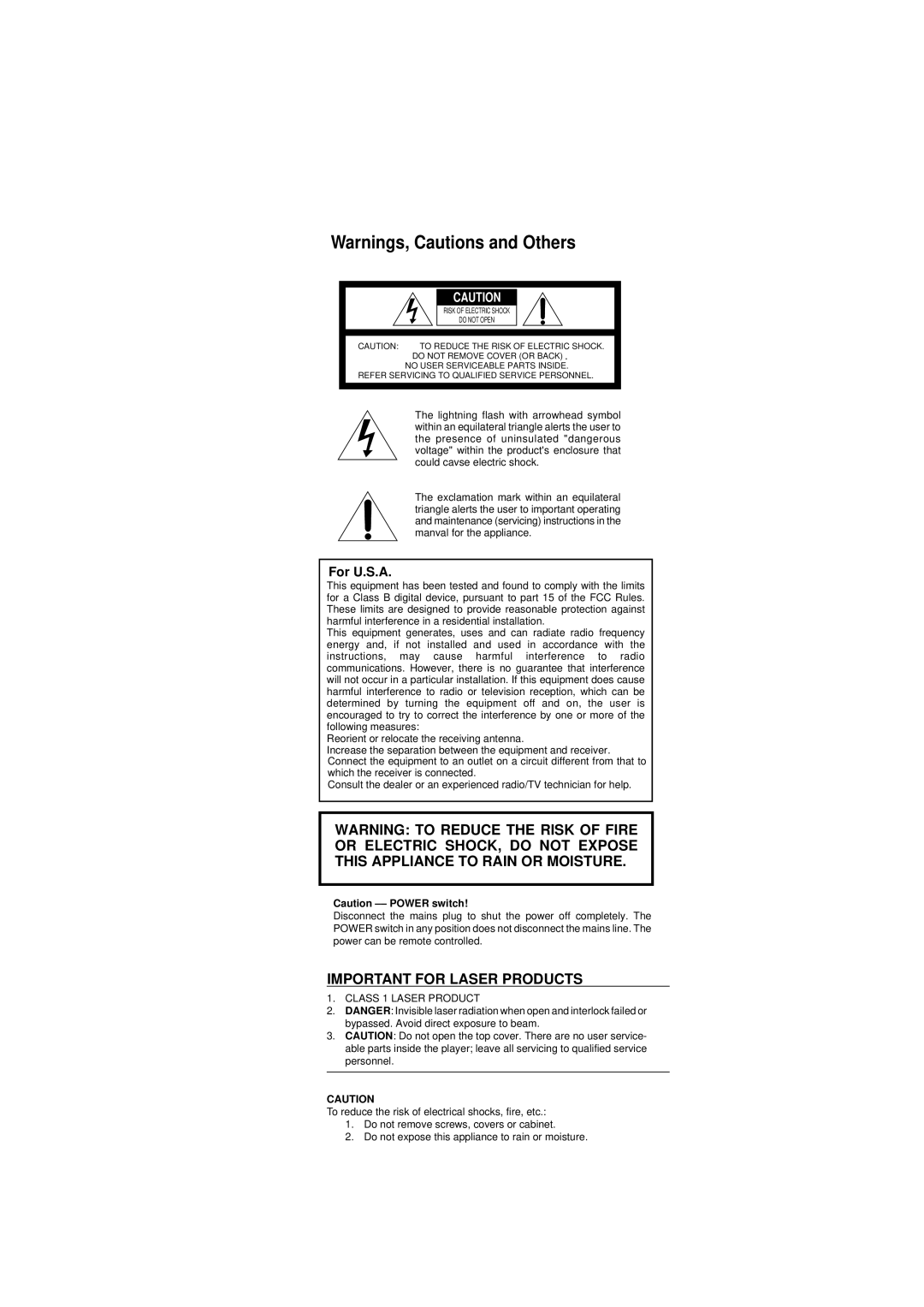 JVC XV-1000BK manual Important for Laser Products 