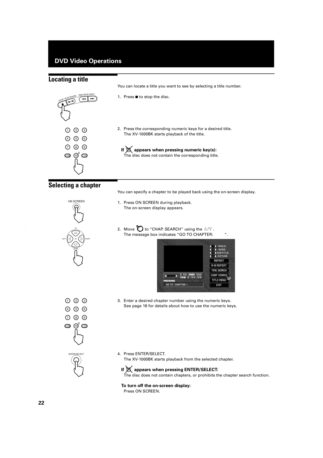 JVC XV-1000BK manual Locating a title, Selecting a chapter, If appears when pressing numeric keys 