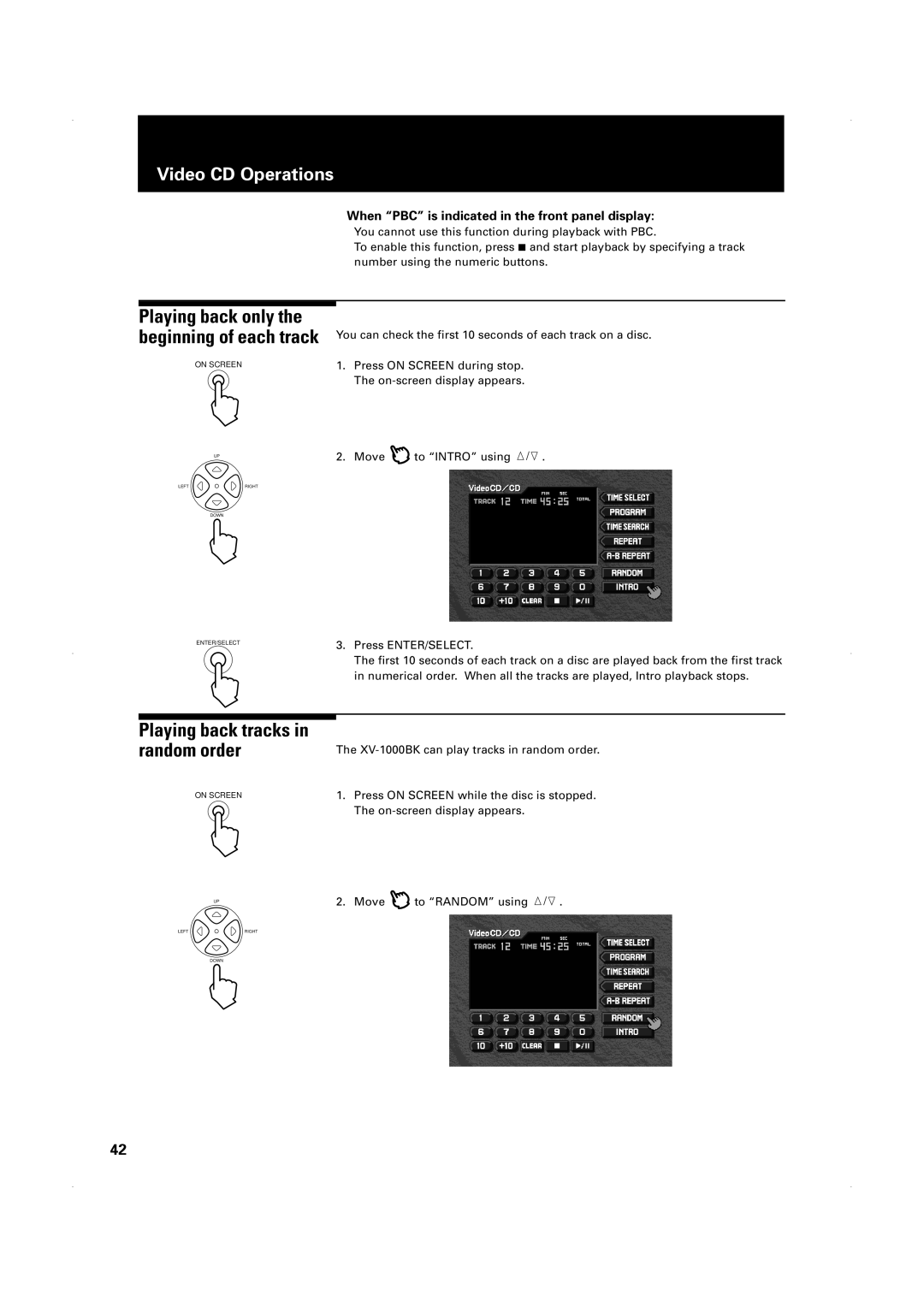 JVC XV-1000BK manual Playing back tracks Random order, When PBC is indicated in the front panel display 