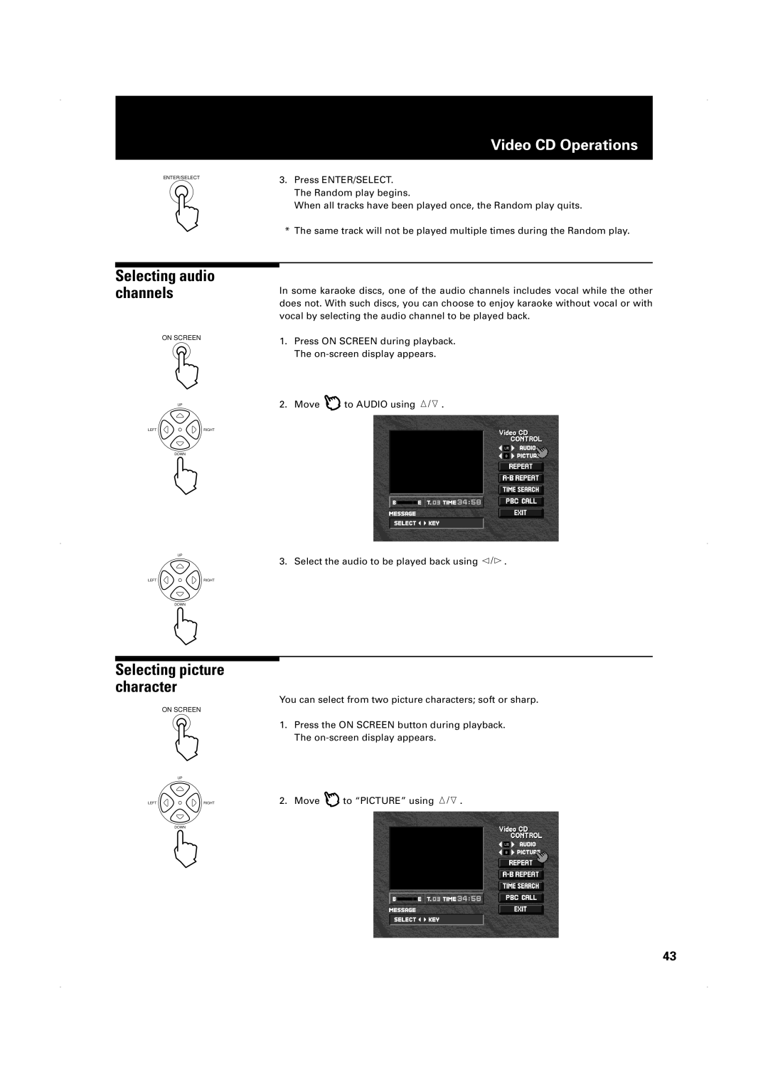 JVC XV-1000BK manual Selecting audio channels, Selecting picture character 