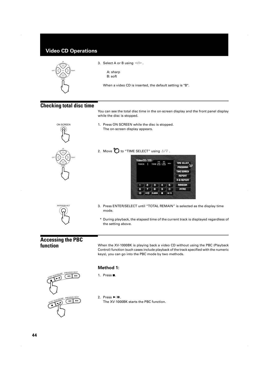 JVC XV-1000BK manual Checking total disc time, Accessing the PBC function, Method 