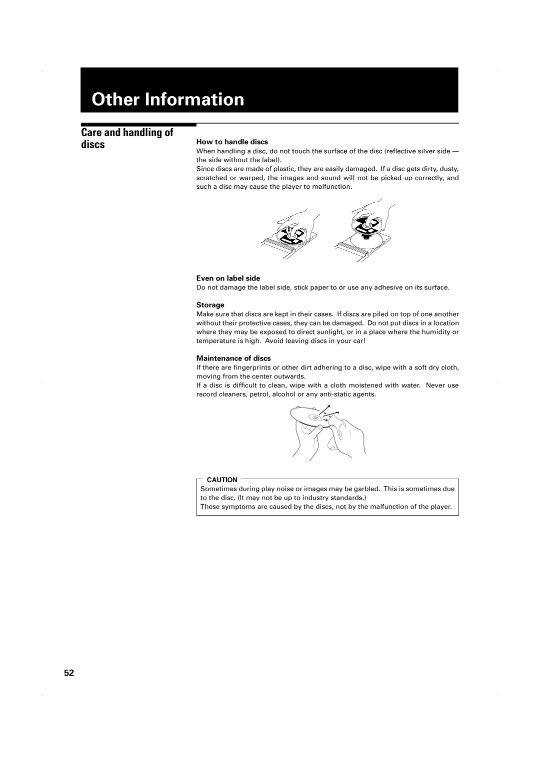 JVC XV-1000BK manual Other Information, Care and handling of discs 