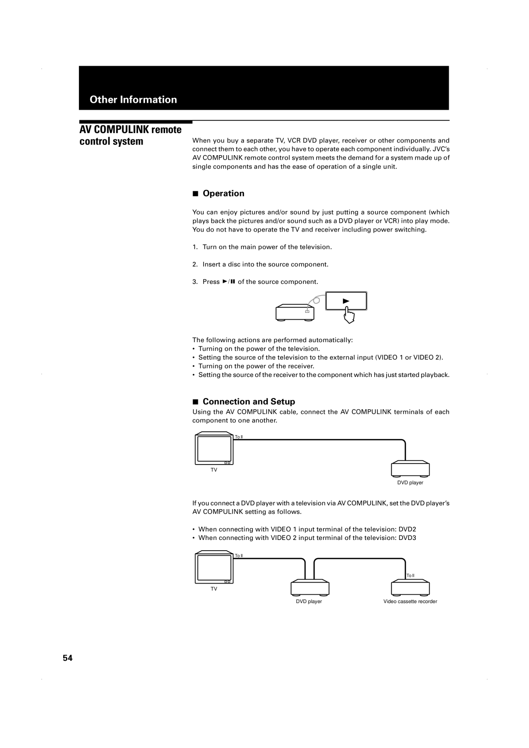 JVC XV-1000BK manual AV Compulink remote control system, Operation, Connection and Setup 