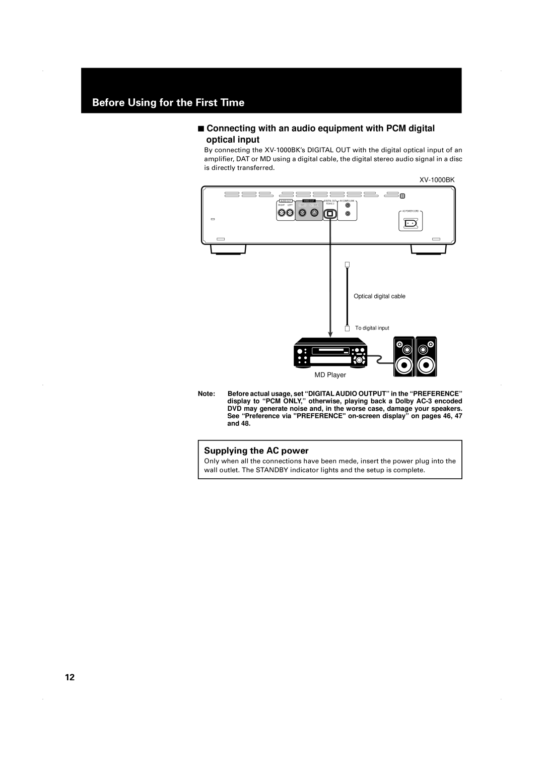 JVC XV-1000BK manual Supplying the AC power 