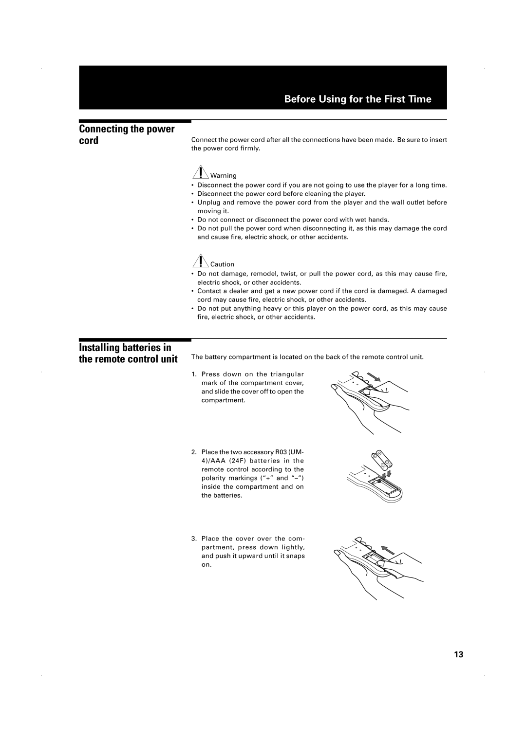 JVC XV-1000BK manual Connecting the power cord, Installing batteries in the remote control unit 