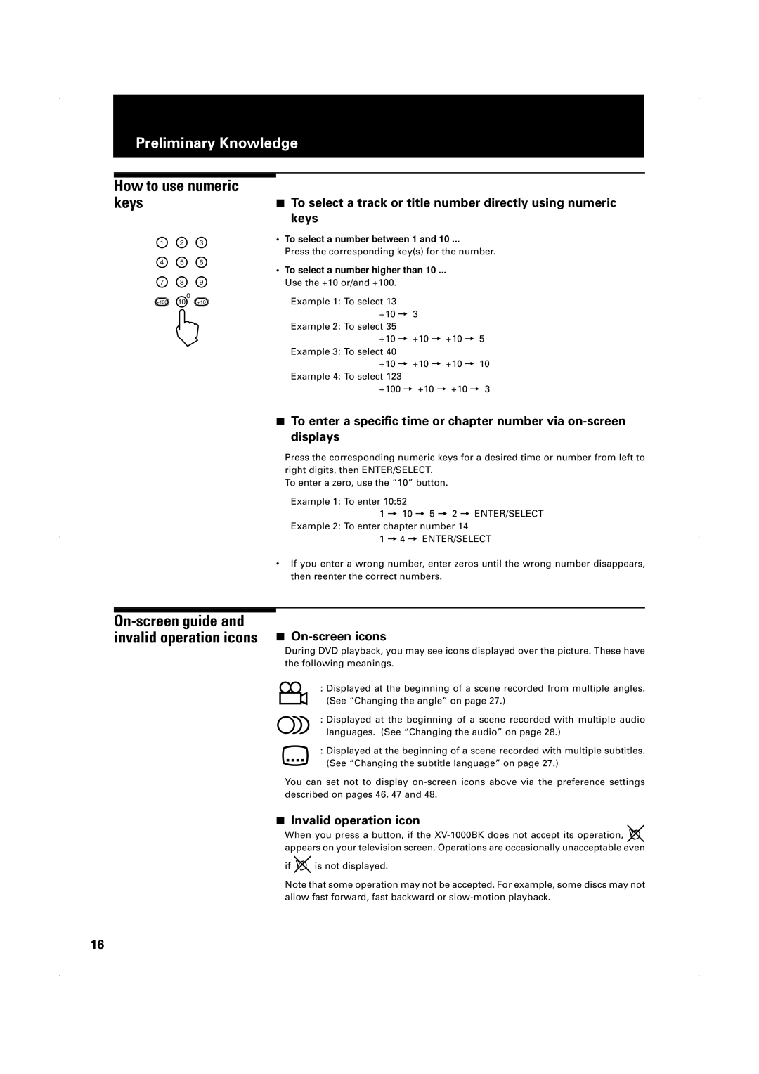 JVC XV-1000BK manual How to use numeric keys, On-screen guide and invalid operation icons, On-screen icons 