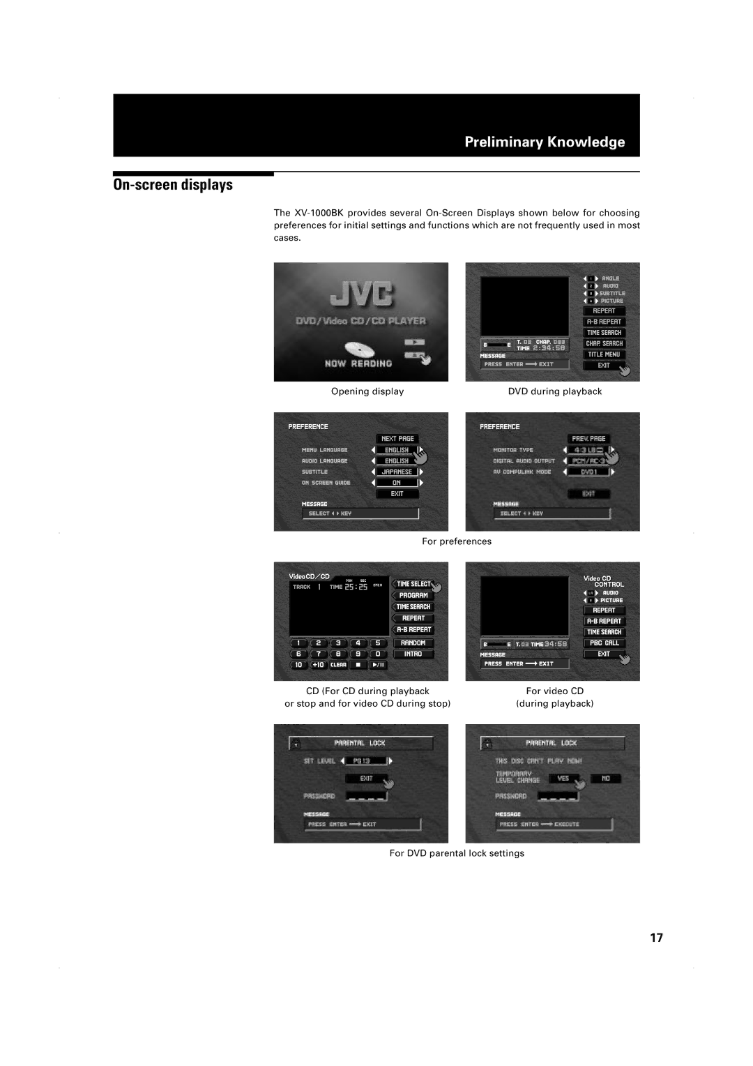 JVC XV-1000BK manual On-screen displays 