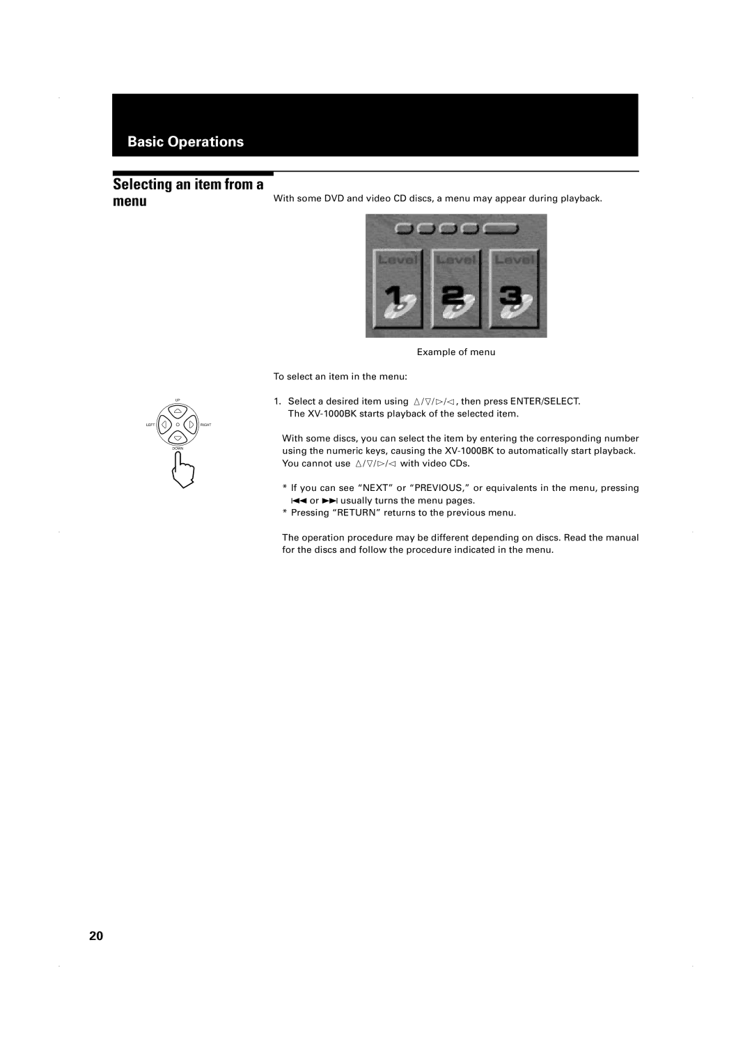 JVC XV-1000BK manual Selecting an item from a menu 