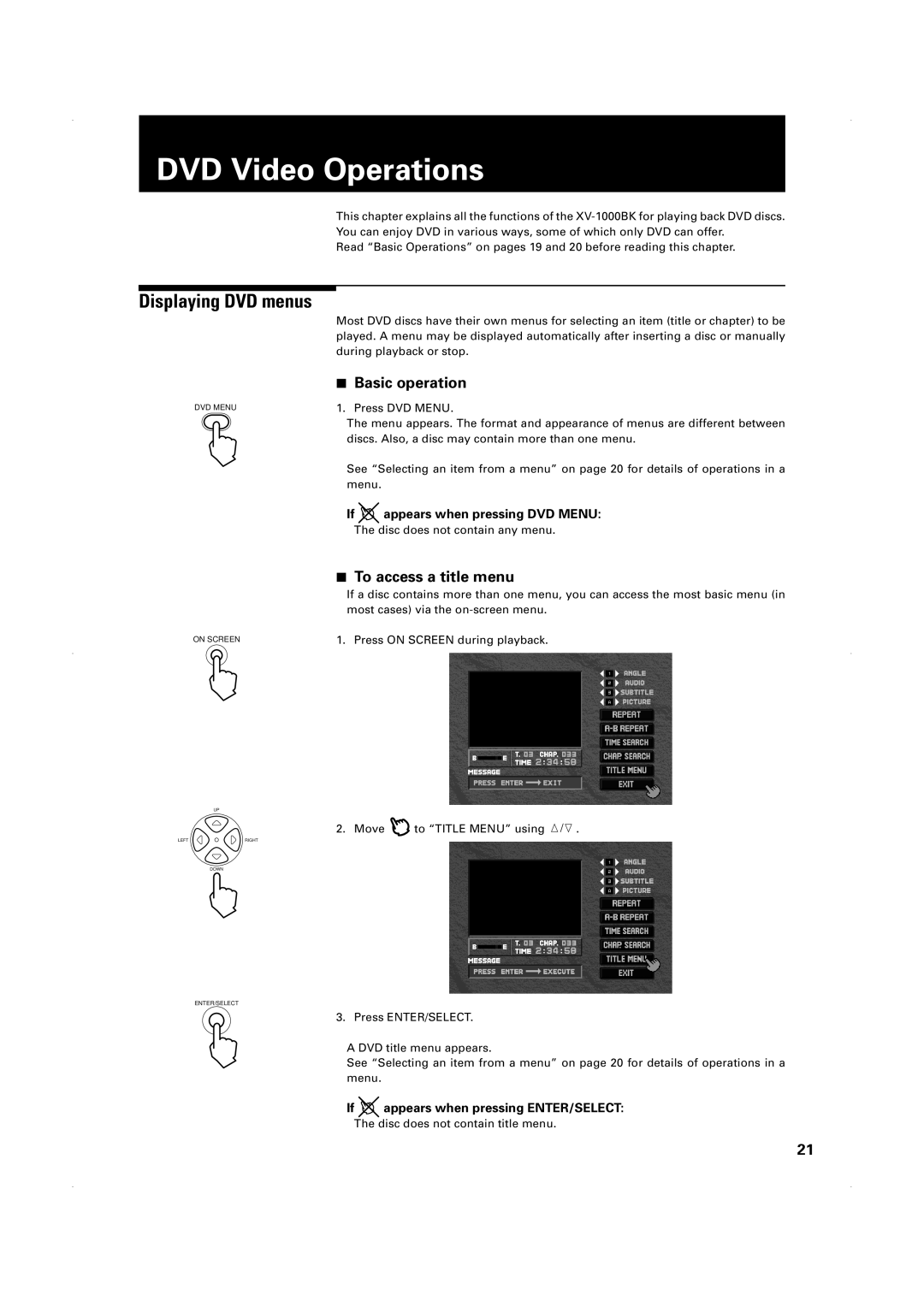 JVC XV-1000BK manual DVD Video Operations, Displaying DVD menus, Basic operation, To access a title menu 